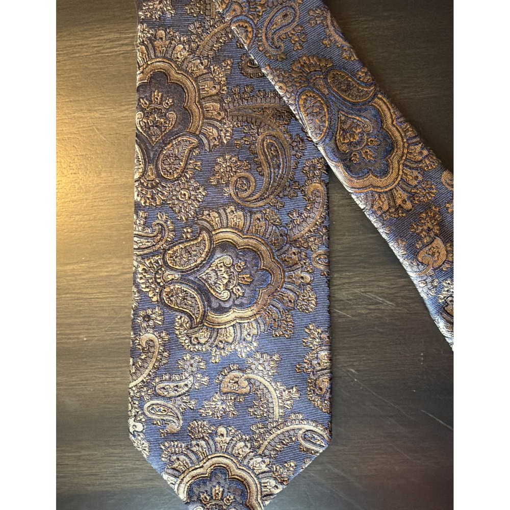 Vintage Faconnable Men's Tie 100% Silk Navy Brown Paisley Hand Made in Italy EUC